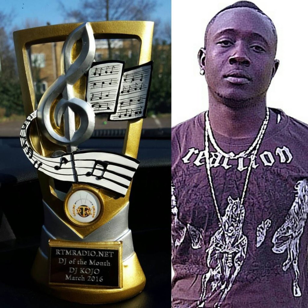 DJ Kojo with his RTMRADIO.NET DJ of the Month trophy, March 2016