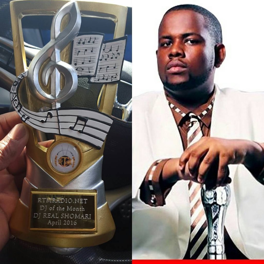 DJ Real Shomari with his RTMRADIO.NET DJ of the Month trophy, April 2016
