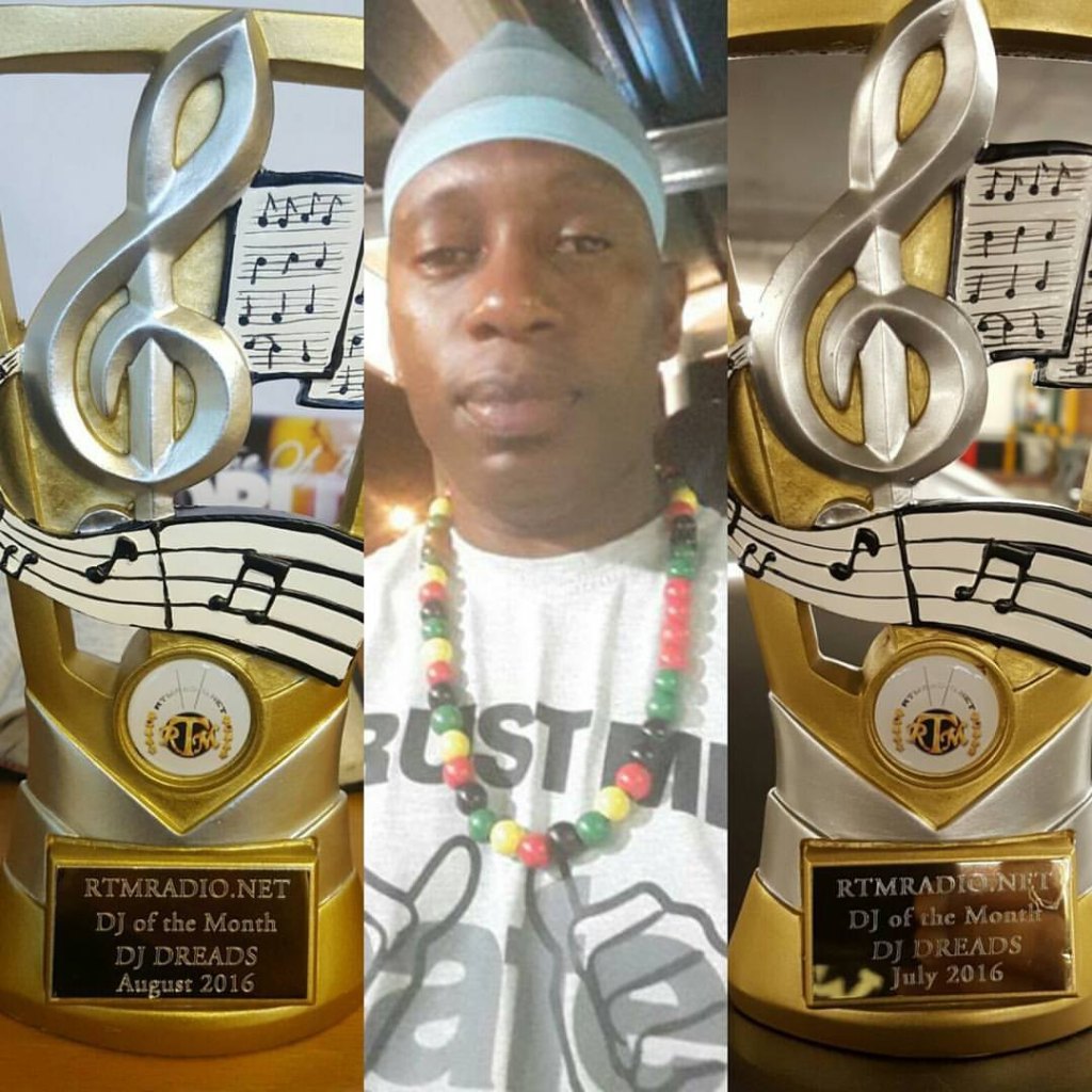 DJ Dreads with two RTMRADIO.NET DJ of the Month trophies, July and August 2016
